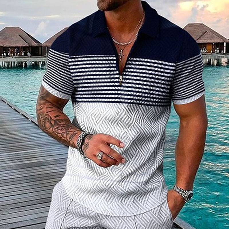 Men's Striped Hawaiian Polo Shirts Golf Shirt Short Sleeve Polo Shirts Collared Shirts Casual Beach Wear Vacation Wear Party Outfits 3D Print Quarter Zip Polo Black-White Black Army Green