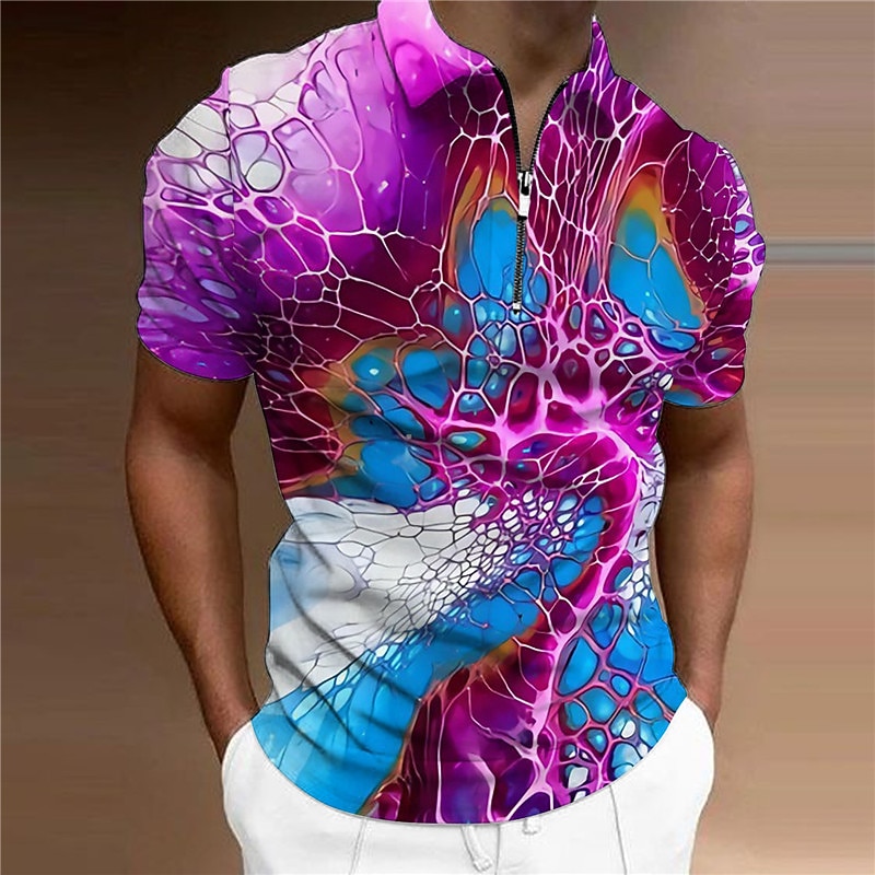 Men's Graphic Zip Polo Shirts Golf Shirt Short Sleeve Polo Shirts Collared Shirts Casual Vacation Wear Rave Wear Party Outfits 3D Print Quarter Zip Polo Purple