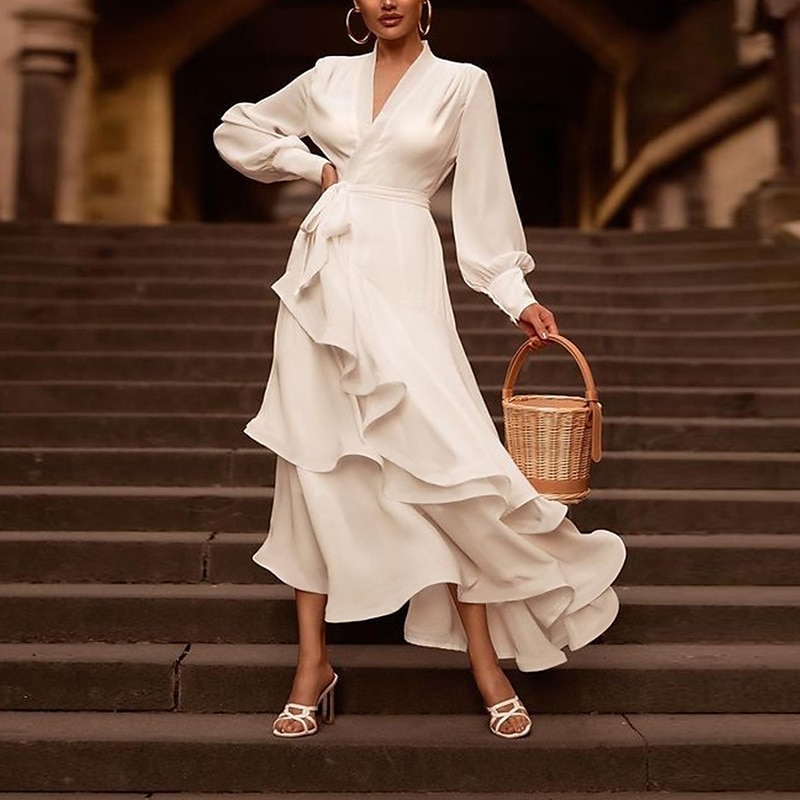 Reception Little White Dress Bridal Shower Dresses Wedding Dresses A-Line V Neck Long Sleeve Asymmetrical Chiffon Bridal Gowns With Cascading Ruffles