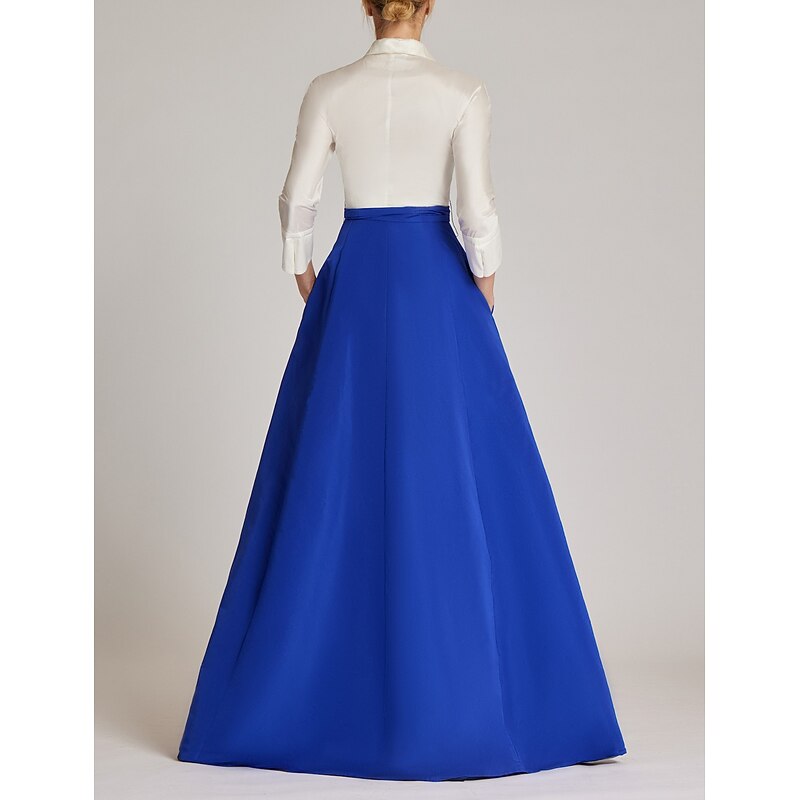 Beach Wedding A-Line Mother of the Bride Evening Gown Cute Dress Formal Evening Floor Length 3/4 Length Sleeve Shirt Collar Fall Wedding Guest Taffeta with Bow(s) Splicing3