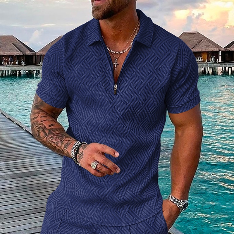 Men's Geometric Hawaiian Polo Shirts Golf Shirt Short Sleeve Polo Shirts Collared Shirts Casual Beach Wear Vacation Wear Party Outfits 3D Print Quarter Zip Polo White gray Black Light Green3