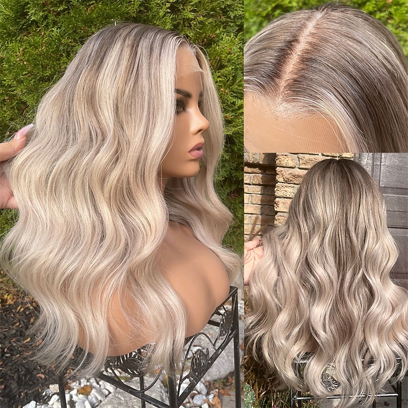 Highlights Ash Blonde Root 100% Premium Virgin Human Hair Wig 24” Wavy 13x4” Lace Front Wig HD Invisible Full Lace Wig for Women