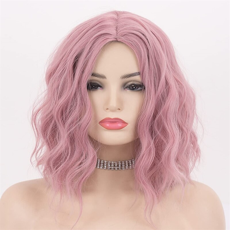 Pink Wigs for Women Loose Curly Synthetic Wigs Baby Pink Hair Wigs for Party Pink Cosplay Wig Middle Part Short Curly Wigs LEMEIZ-125 Christmas Party Wigs2