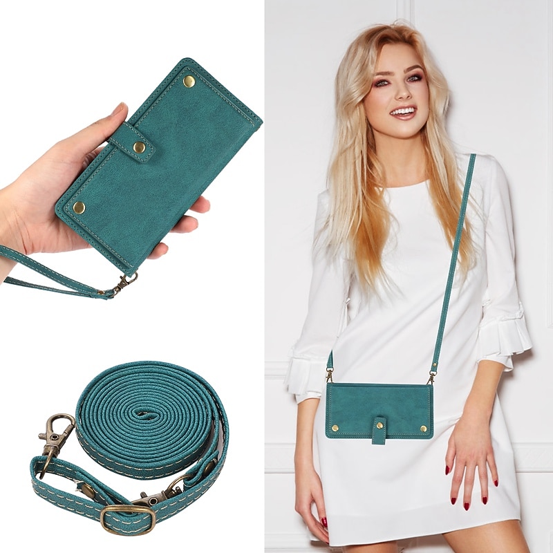 Phone Case For Samsung Galaxy S25 S24 S23 S22 S21 FE S21 Ultra Plus A34 A12 A32 Handbag Purse Wallet Case with Adjustable  Neck Strap with Removable Cross Body Strap with Wrist Strap Solid Colored