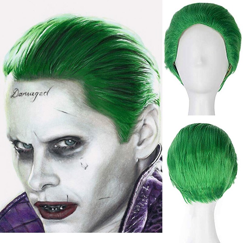 Squad The Joker Cosplay Wigs Short Straight Green Wig Men Adult Cosplay Full Machine Made Wig for The  Ball During Halloween Wigs St.Patrick's Day Wigs