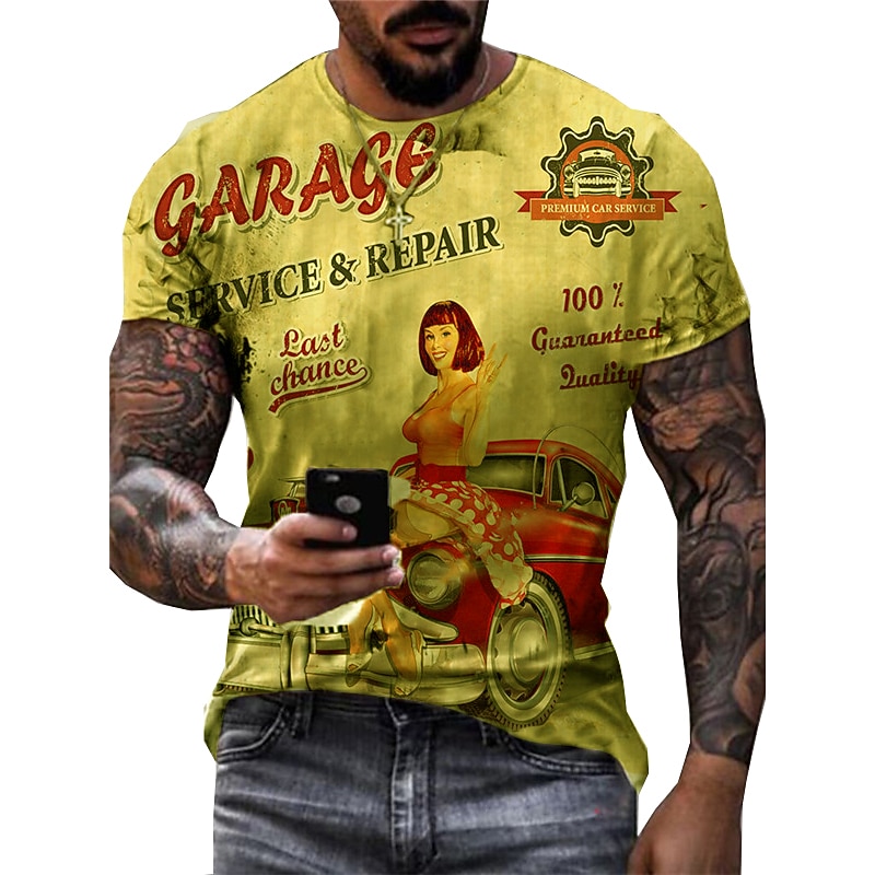 Men's Graphic Cartoon Car T Shirt Distressed T Shirt Short Sleeve T shirt 3D Print Crew Neck Shirt Fashion Basic Classic Street Casual Daily Yellow Purple Green Summer Clothing Apparel S M L XL 2XL3
