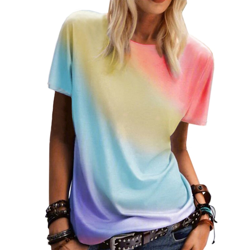 Women's clothing rainbow gradient printing casual top round neck short sleeve loose t-shirt2