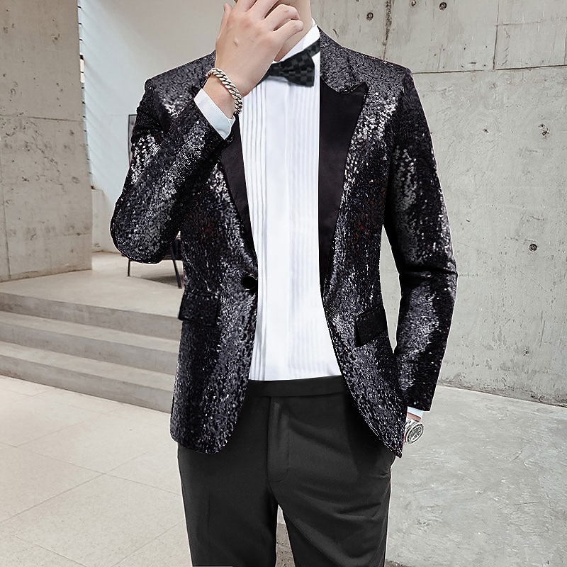 Men's Blazer Jacket Blazer Peaked Lapel Streetwear Party Sparkle Sequin Black Silver Blue Regular Fit