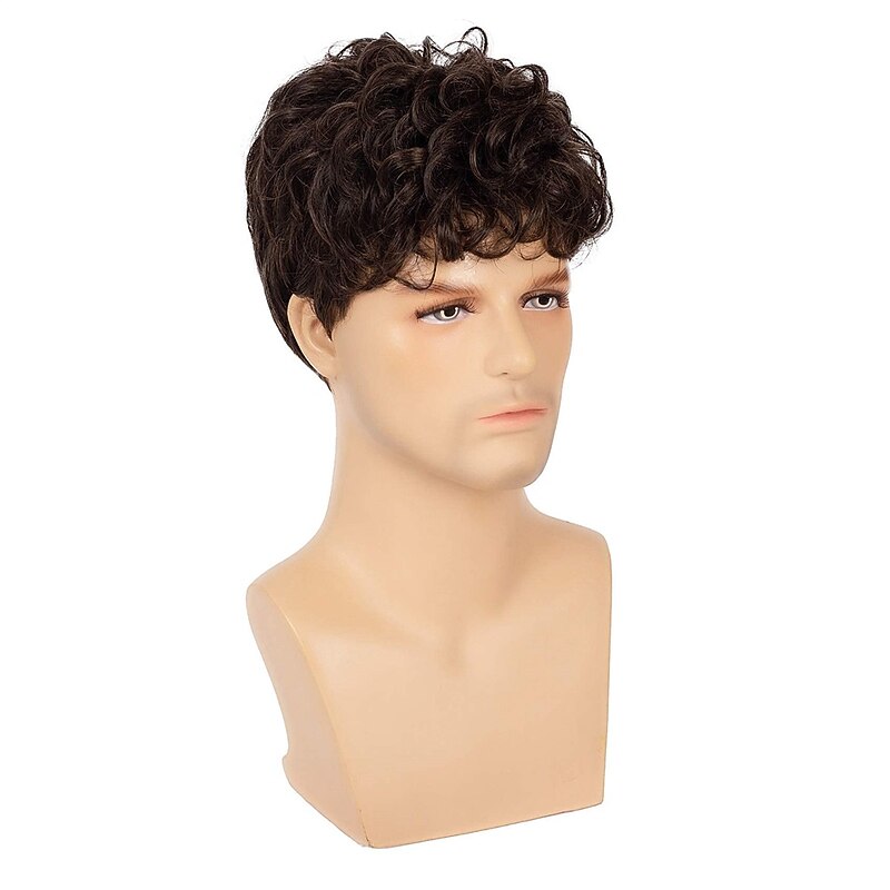 Men's Brown Short Wig Curly Fluffy Natural Synthetic Hair Bangs Cosplay Full Wig for Men3