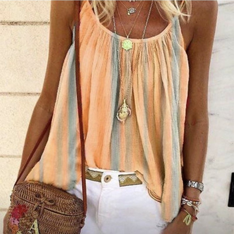 Women's Camisole Tank Top Camisole Summer Tops Yellow Pink Blue Stripes Pleated Holiday Boho Round Neck S3