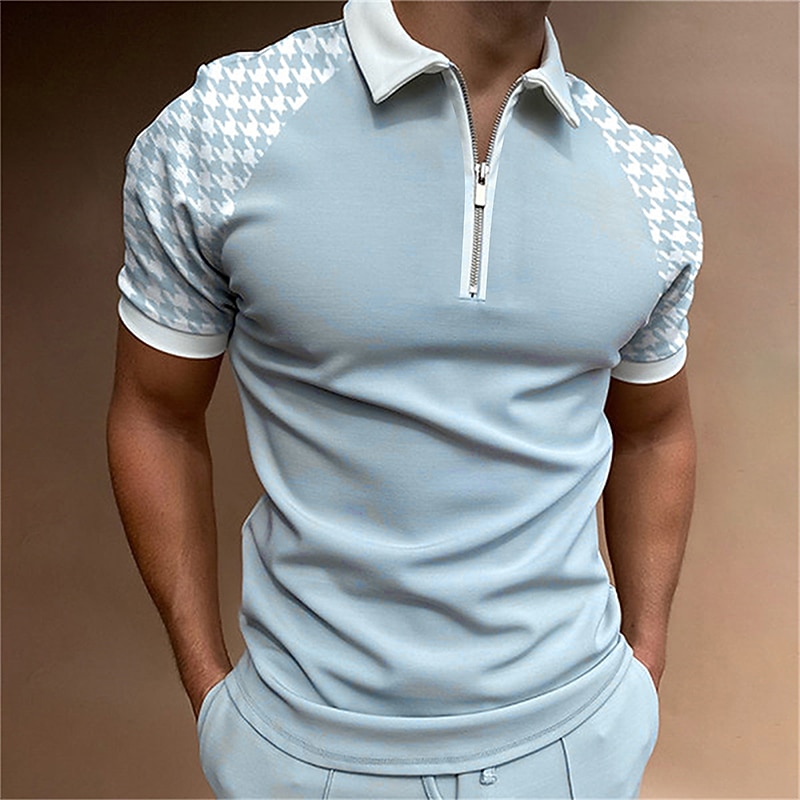 Men's Zip Polo Polo Shirt Casual Daily Turndown Quarter Zip Short Sleeve Sports Fashion Color Block Zipper Quarter Zip Spring & Summer Regular Fit Pink Light Grey Light Blue Zip Polo2