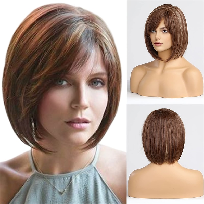 Bob Mixed Brown Wigs for Women with Bangs