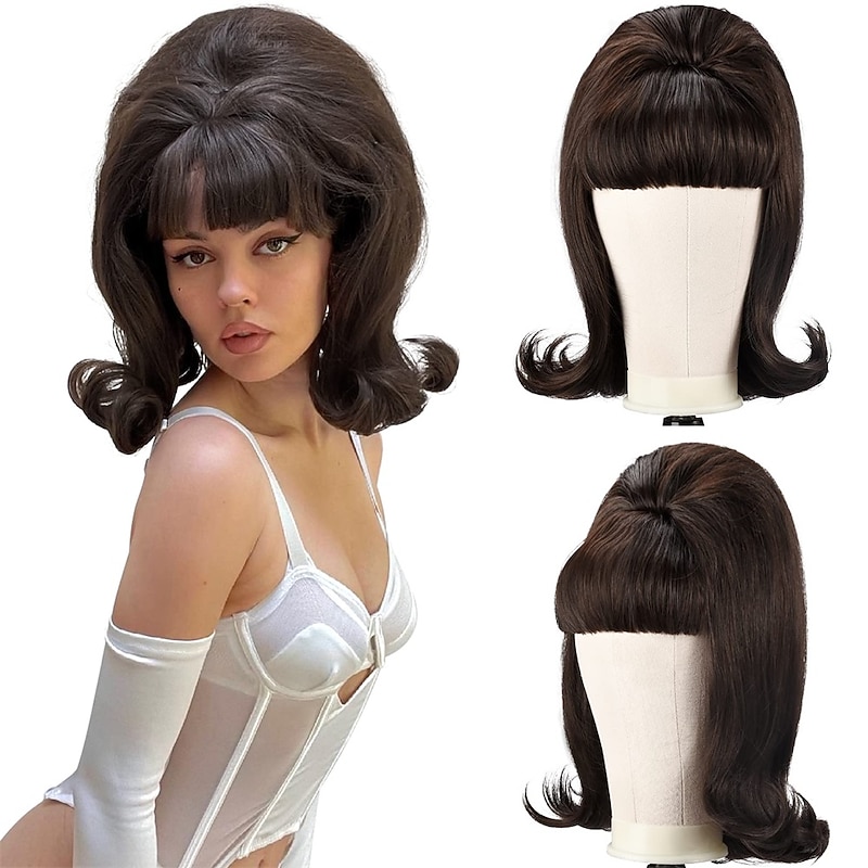 Vintage Brown Wig 50s 60s 70s with Bangs Synthetic Hair for Women  Party Halloween Wigs
