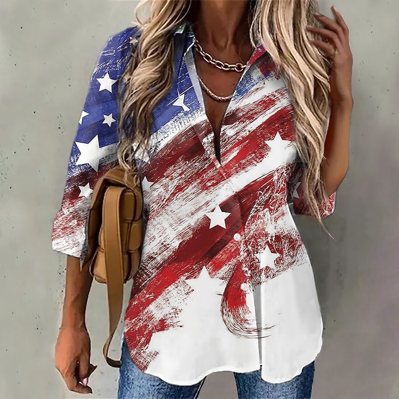 Women's Patriotic  Shirt Red White And Blue USA National Flag Button Print Red White And Blue Long Sleeve Daily Weekend Streetwear Casual Shirt Collar Regular S