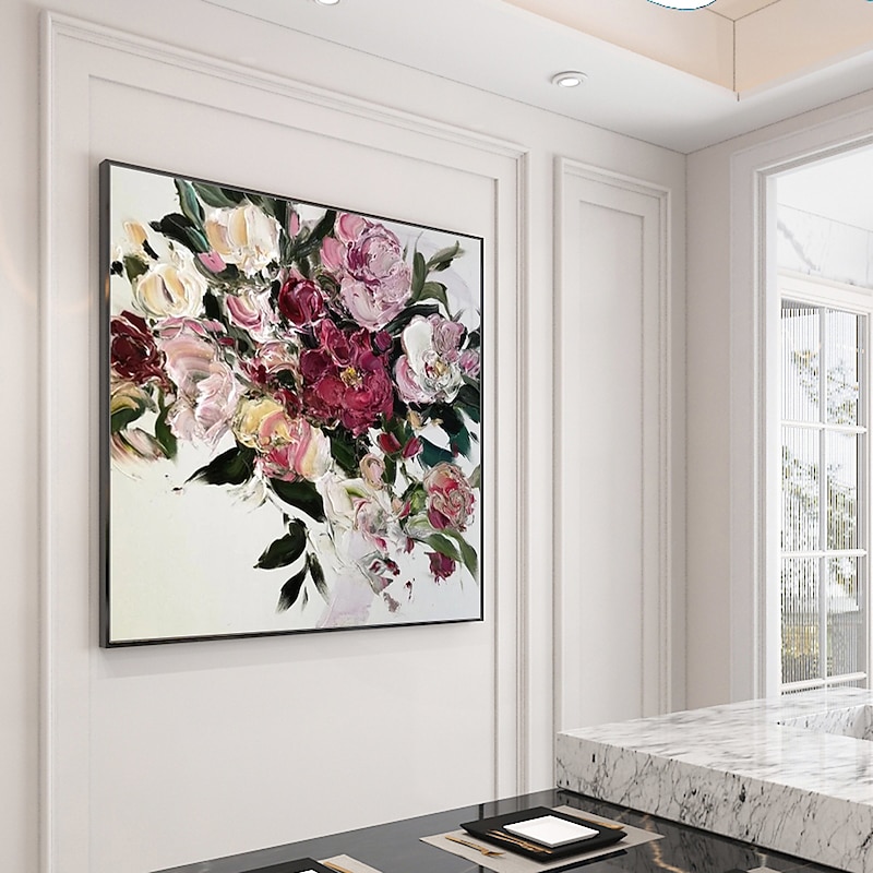 Oil Painting Hand Painted Square Still Life Floral / Botanical Modern Stretched Canvas2