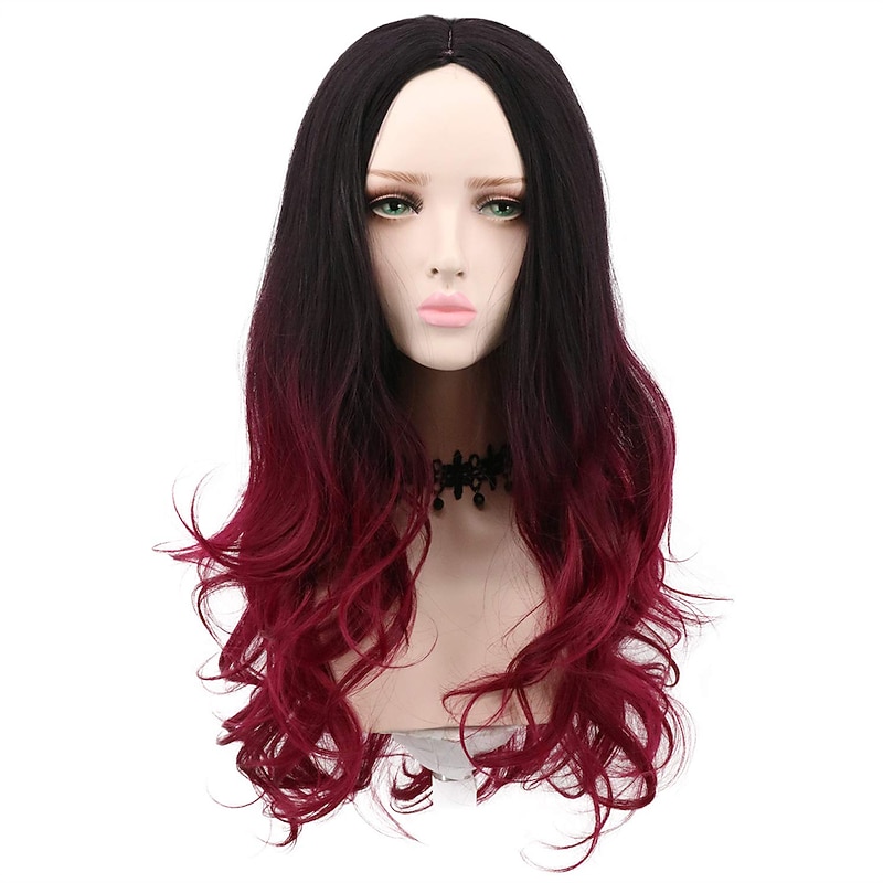 Long Wavy Two Tone Ombre Black Dark Red Wig Halloween Cosplay Costume Wigs