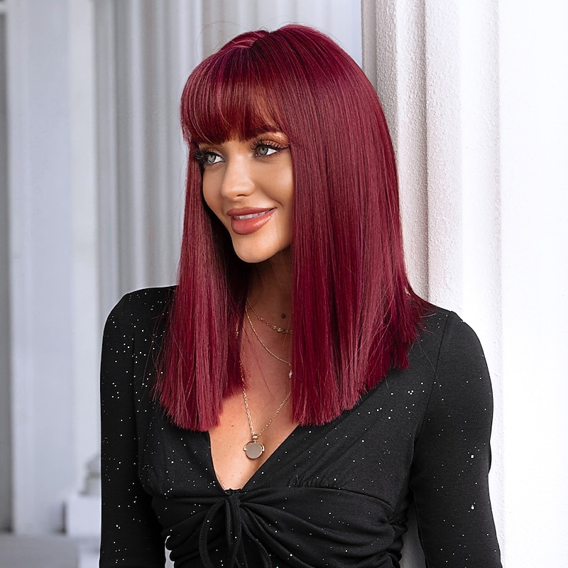 HAIRCUEB Dark Wine Natural Straight Wigs With Bangs for Women Wine Red Cosplay Silky Synthetic Hair Wigs2