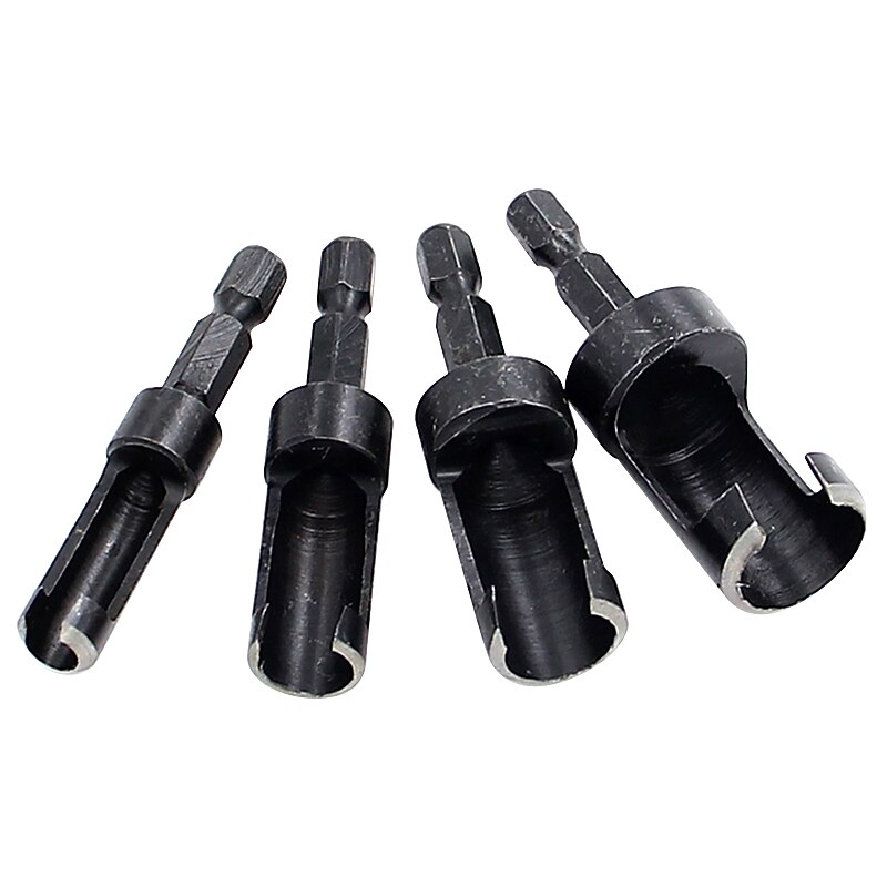 4pcs Quick Shank 1/4'' Shank Black Carpentry Wood Plug Cutter Straight Tapered Claw Type Drill Bit Set 6mm 10mm 13mm 16mm Drill
