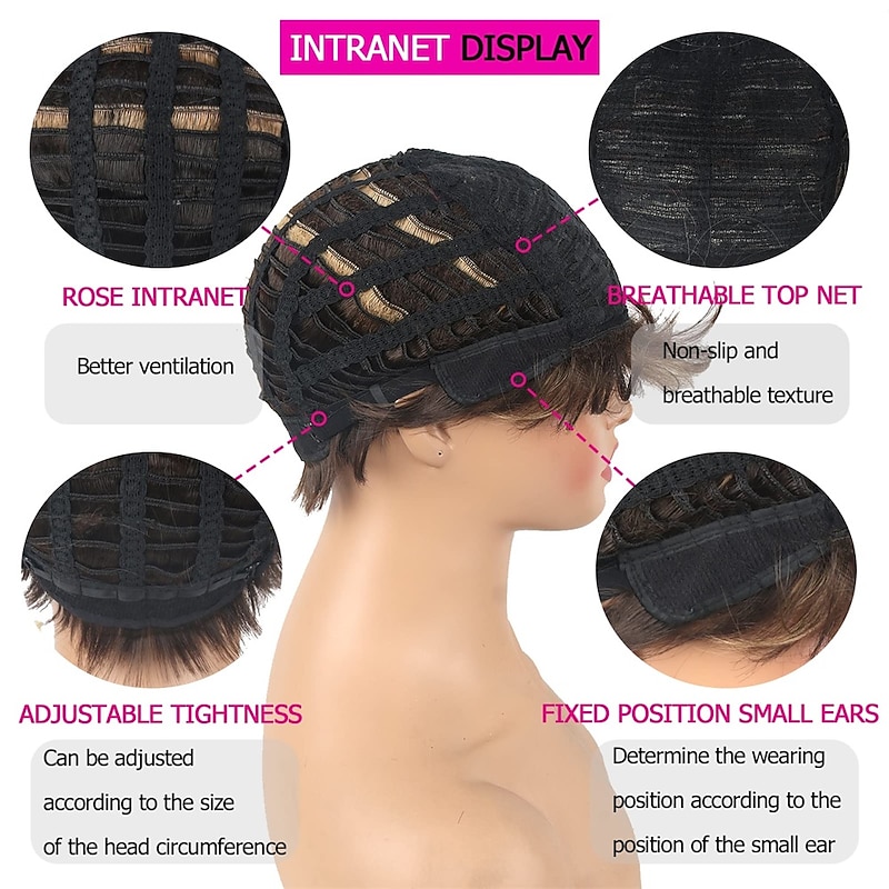 Short Brown Black Hair Wigs with Bangs Ombre Black Pixie Cut Wigs for Old Lady Women Mixed Dark Brown Highlights Layered Shaggy Synthetic Wigs Natural Straight Cute Daily Wear Wig4