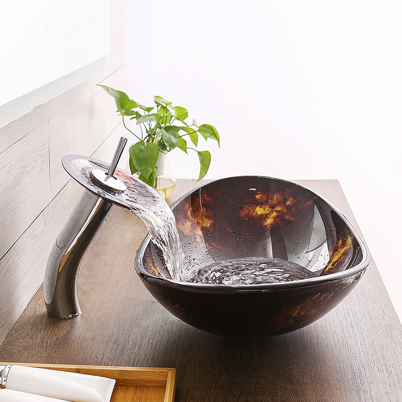 Bathroom Vessel Sink with Faucet Mounting Ring and Pop Up Drain Round Bowl BasinBrown4