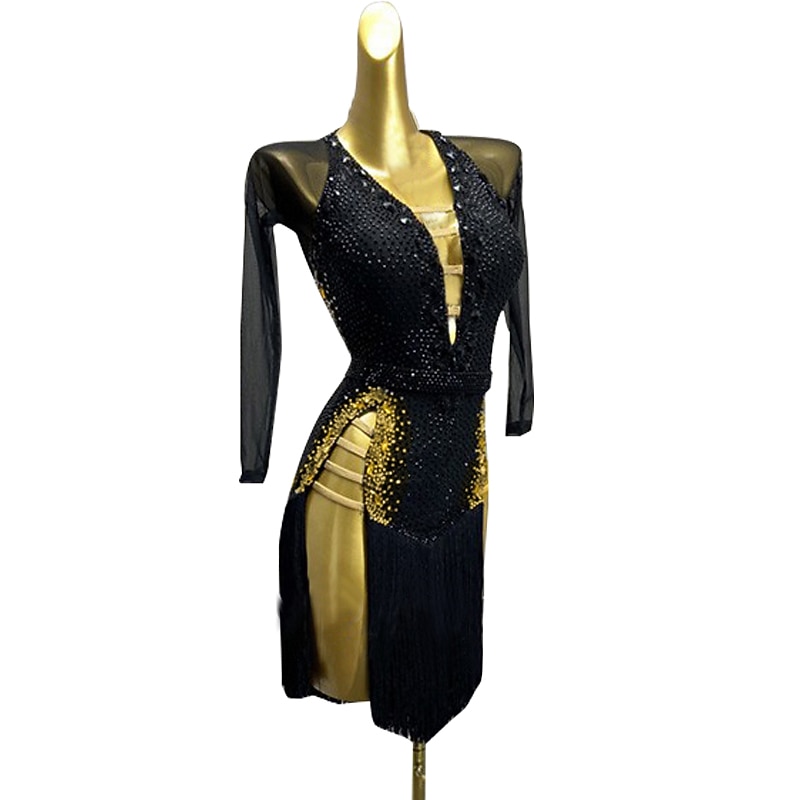 Latin Dance Latin Salsa Dance Dress Rhinestone Sashes / Ribbons Women's Girls' Performance Training Long Sleeve High Mesh Spandex2