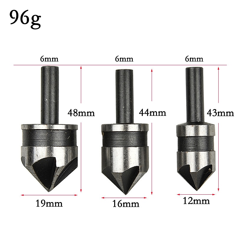 3pcs 12mm 16mm 19mm Chamfering Debur  Countersink 5 Flute 90 Degree Set For Wood Quick Change Countersink Bits3