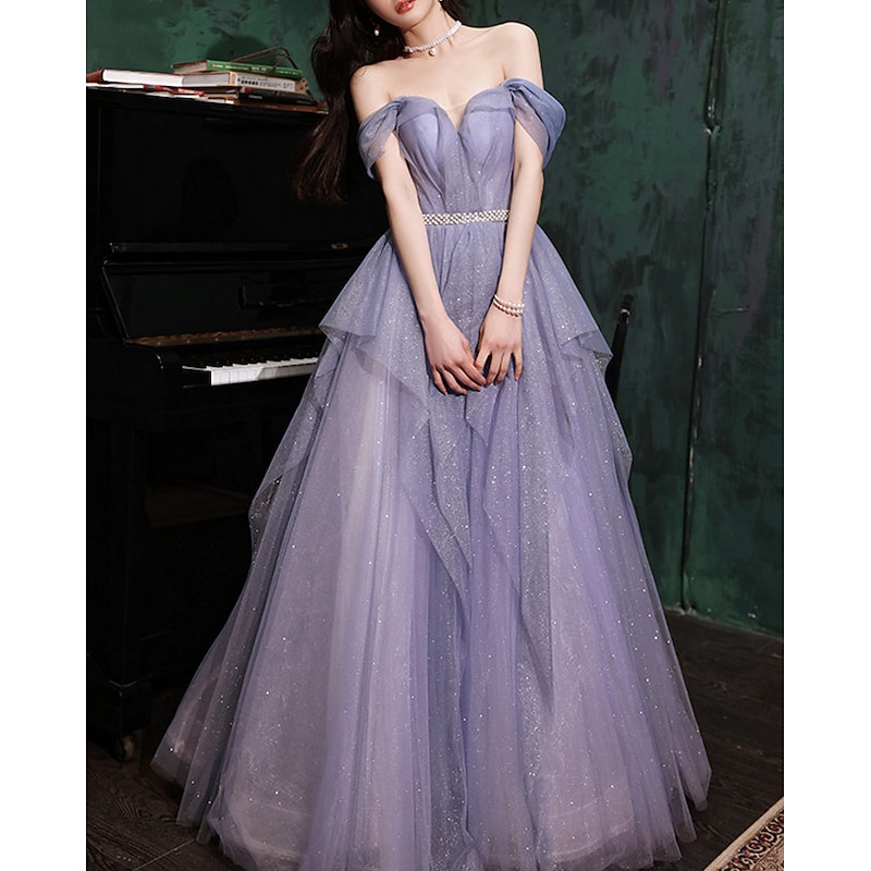 A-Line Prom Dresses Sparkle & Shine Dress Wedding Guest Birthday Floor Length Sleeveless Off Shoulder Tulle with Sequin  dress to impress4