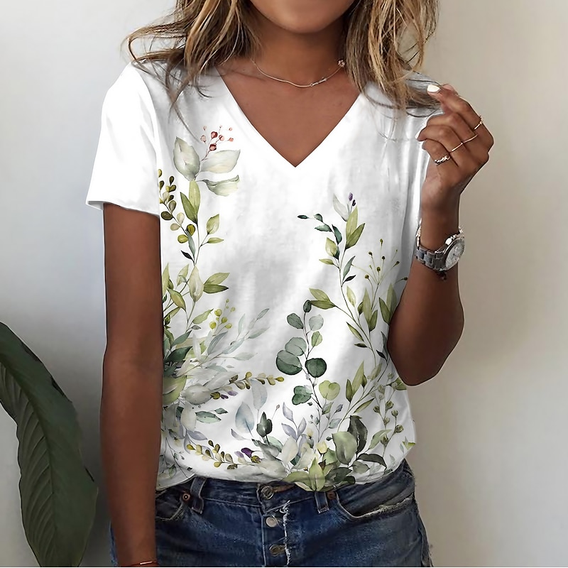 Women's T Shirt Basic Floral Print Short Sleeve Regular Tops V Neck Casual Holiday Weekend Blue Purple Green