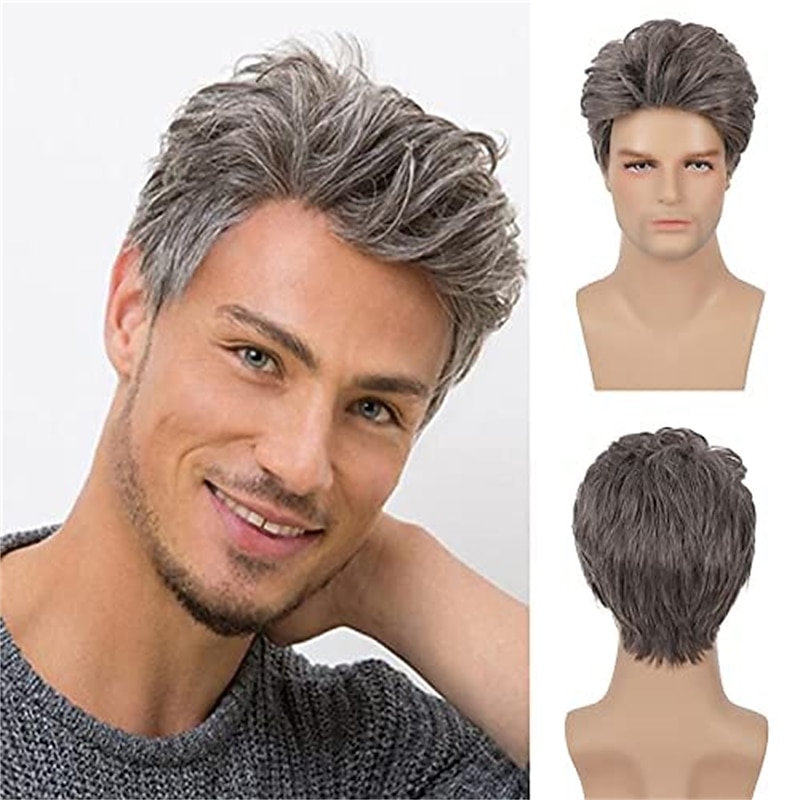 Mens Wigs Grey Short Layered Wig Syntheric Replacement Cosplay Costume Party Daily Wear Hair Wig
