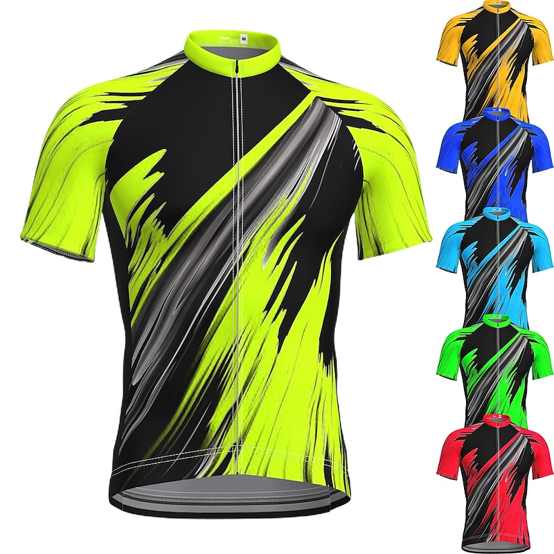 Men's Cycling Jersey Geometric Short Sleeve Bike Jersey Top with 3 Rear Pockets Mountain Bike MTB Road Bike Cycling Quick Dry Reflective Strips Back Pocket Moisture Wicking Sports Forest Green Yellow
