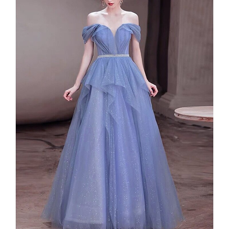 A-Line Prom Dresses Sparkle & Shine Dress Wedding Guest Birthday Floor Length Sleeveless Off Shoulder Tulle with Sequin  dress to impress2