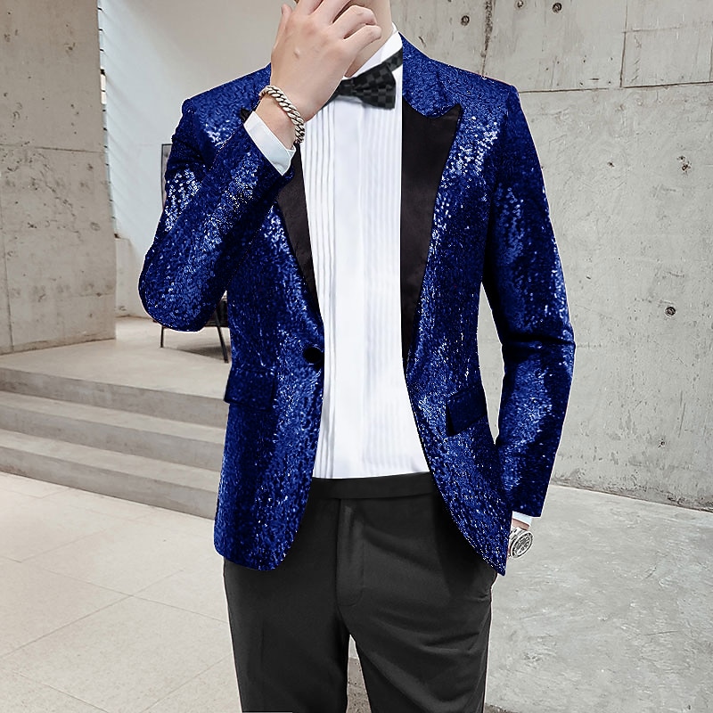Men's Blazer Jacket Blazer Peaked Lapel Streetwear Party Sparkle Sequin Black Silver Blue Regular Fit3