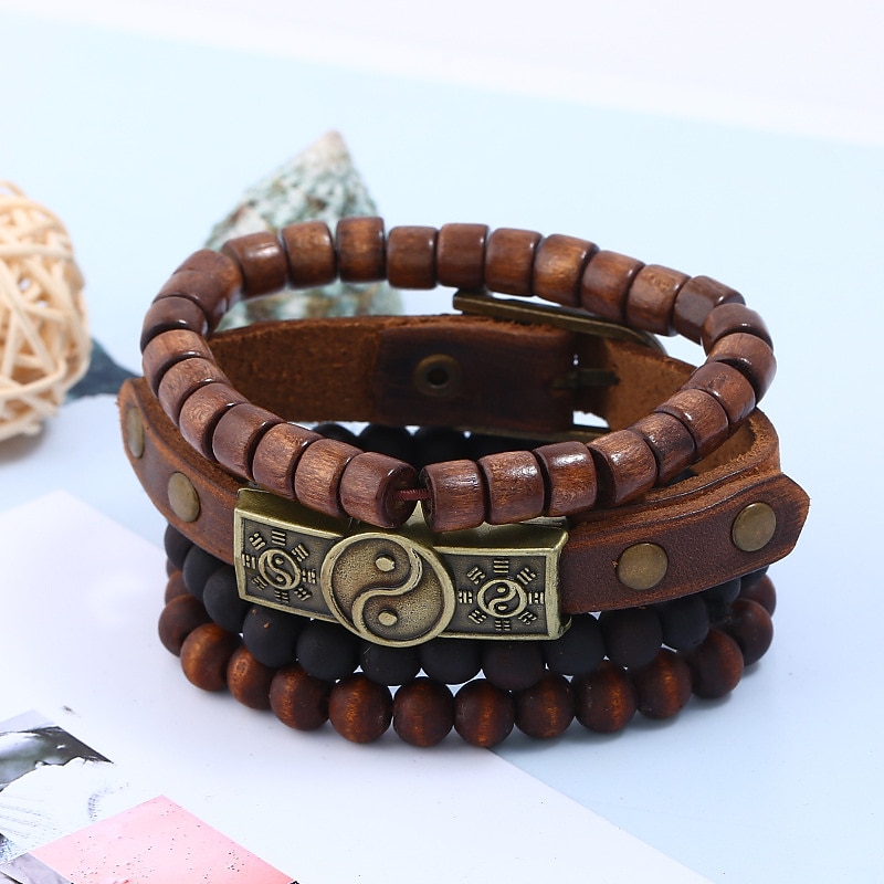Men Women 4pcs Cuff Links Bead Bracelet Leather Bracelet Gift Daily Retro Fashion European Brown3