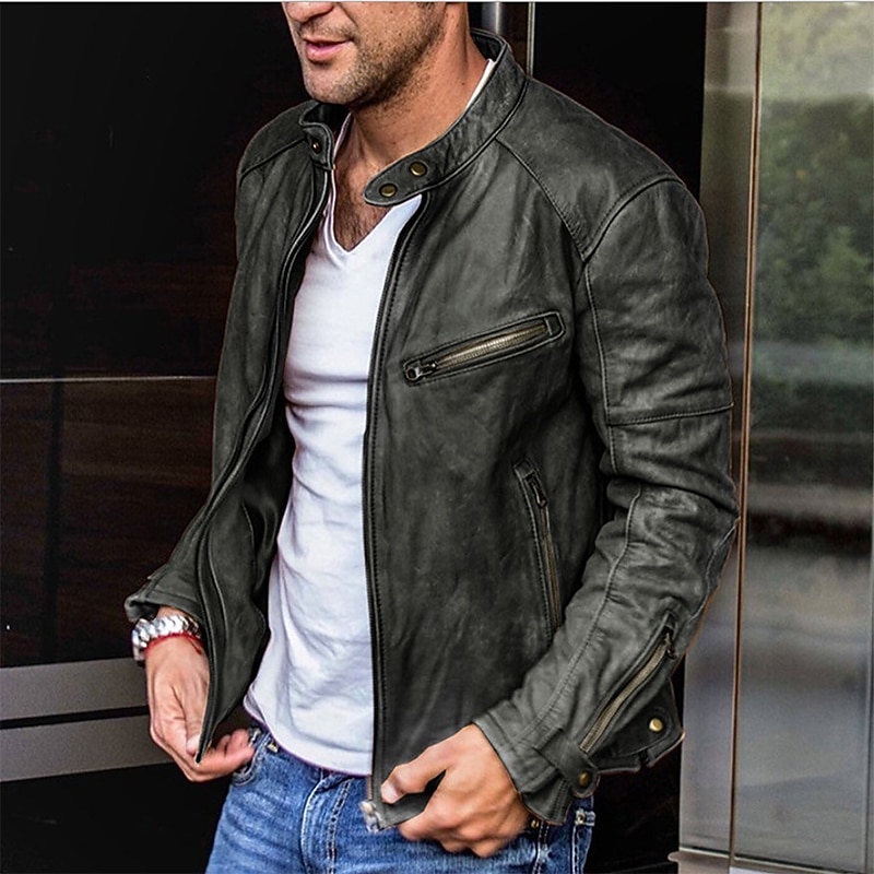 Men's Faux Leather Jacket Biker Jacket Motorcycle Jacket Thermal Warm Rain Waterproof Jacket Outerwear Black Red2