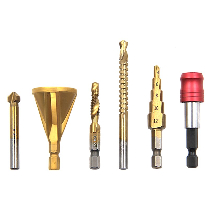 Drilling Chamfering Tapping 6pc Transparent Plastic Box Sawtooth Woodworking Hole Opening Pagoda Drill Quick Release Rod Set4