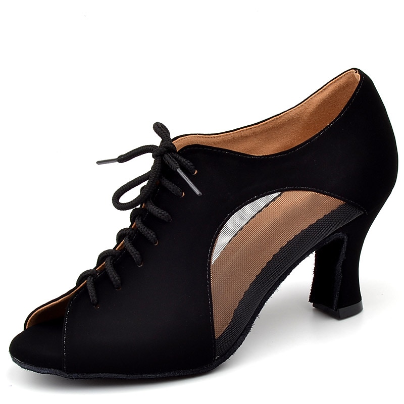 Women's Black Lace-Up Dance Shoes with Mesh Panels and Peep-Toe Design - Comfortable Heeled Ballroom and Salsa Shoes
