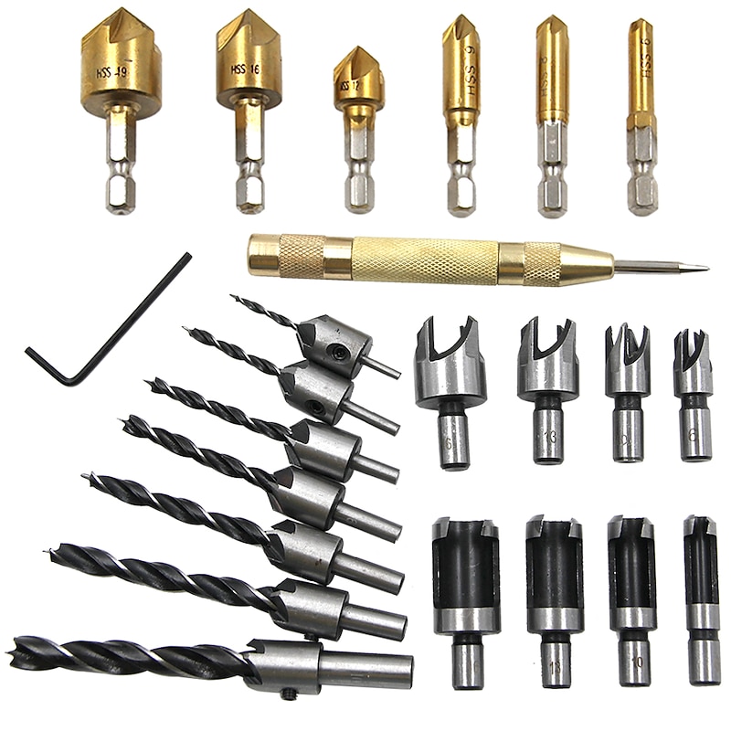 23pcs Woodworking Opening DIY Set Chamferer Three Point Countersunk Drill Cork Bit Positioning Center Punch