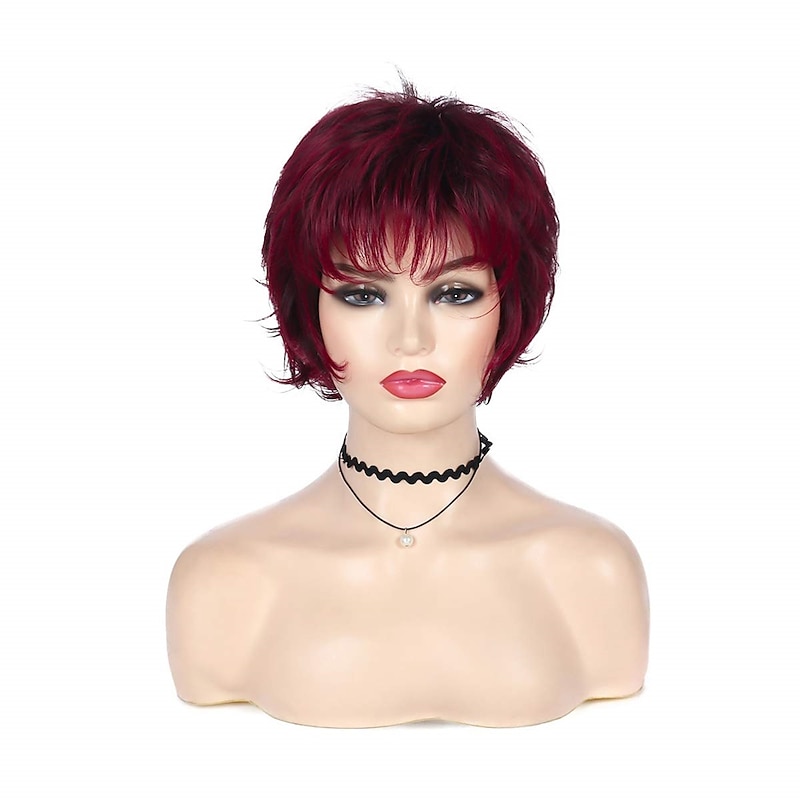 Wine Red Wig Short Layered Pixie Cut Hair Wigs for Women Synthetic Cosplay Wig with Bangs Female Wig Halloween Custome Party2