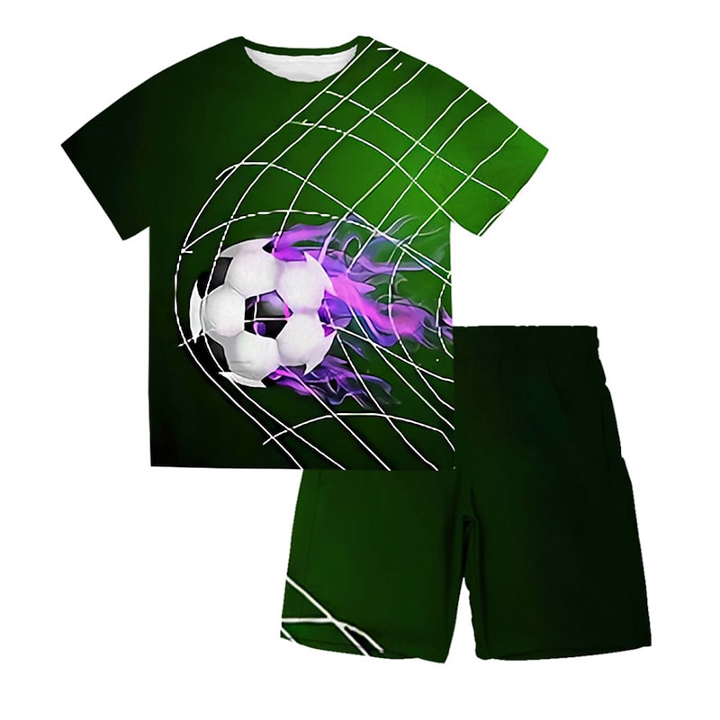 Boys 3D Football T-shirt & Shorts Clothing Set Short Sleeve Summer Spring Sports Fashion Cool Polyester Kids 3-13 Years Outdoor Street Sports Regular Fit2