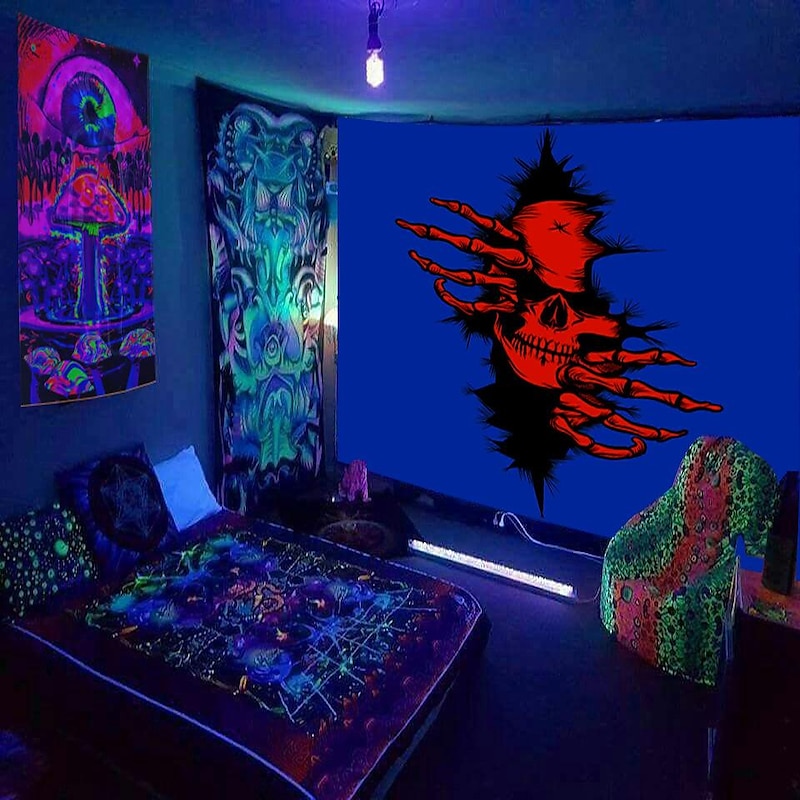 Blacklight Tapestry UV Reactive Glow in the Dark Glow Party Neon Psychedelic Trippy Misty Hanging Tapestry Wall Art Mural for Living Room Bedroom Star Lion4