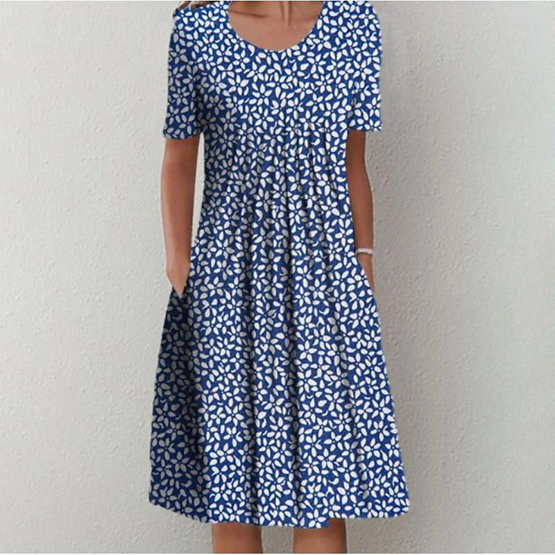 Women's Casual Dress Midi Dress Blue Short Sleeve Floral Ruched Spring Summer Crew Neck Basic 2023 S M L XL XXL 3XL