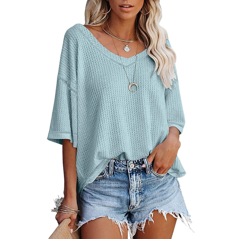 summer  v-neck doll sleeve waffle knit loose solid color short sleeve t-shirt top women's2