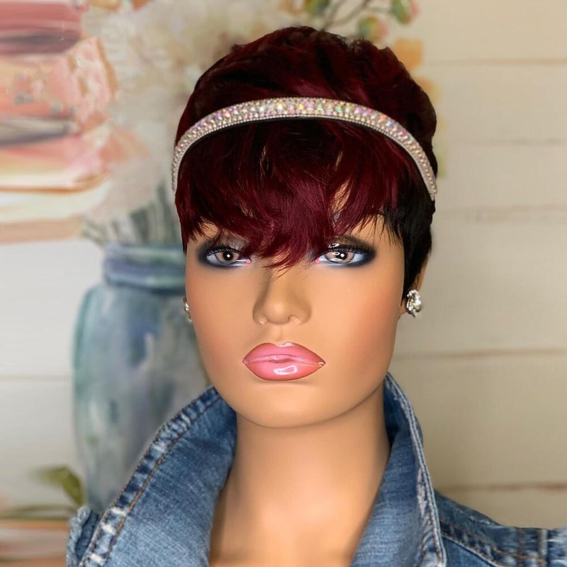 Red Burgundy 99J Ombre Color Short Wavy Bob Pixie Cut Wigs Full Machine Made Non Lace Human Hair Wigs With Bangs For Black Women 1b99j4