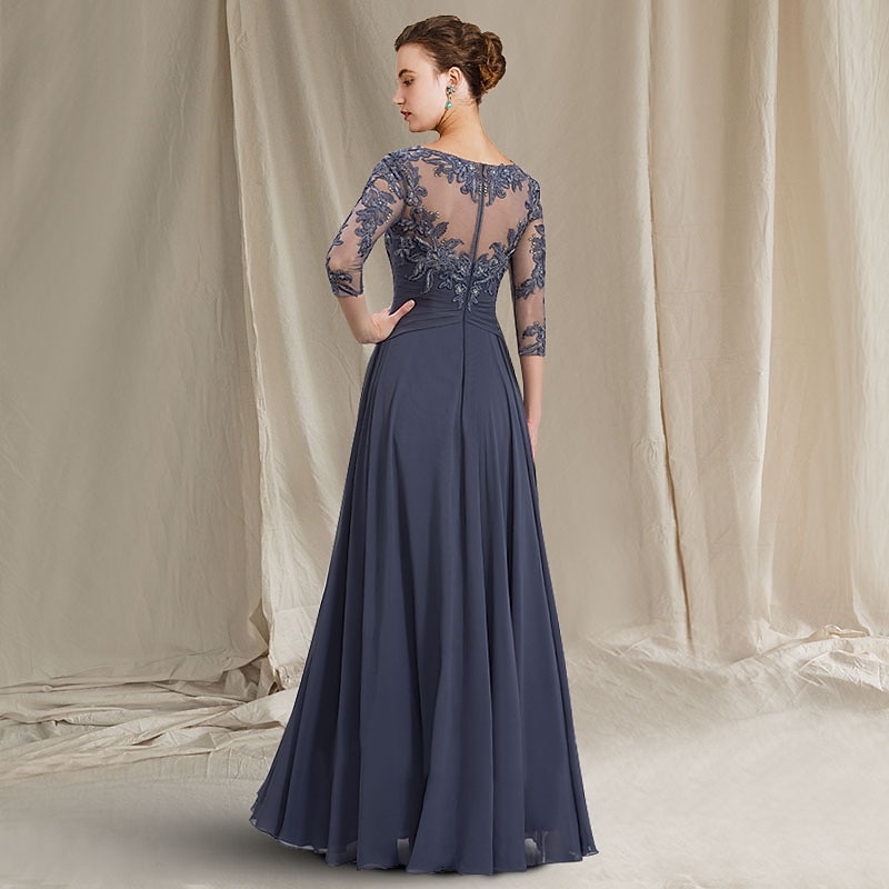 A-Line Mother of the Bride Dress Elegant Jewel Neck Floor Length Chiffon Lace 3/4 Length Sleeve with Pleats Appliques2