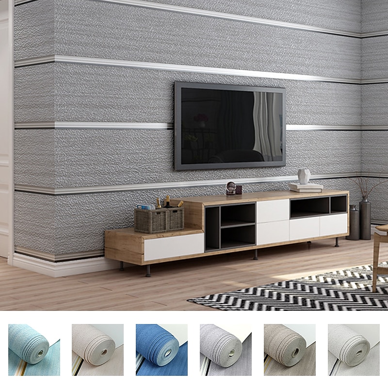 Cool Wallpapers White Grey Wallpaper Textured Wall Mural Wall Covering Sticker Film Embossed Stripe Non Woven Horizontal Vertical Stripes Deerskin Velvet Home Decor 53*950CM