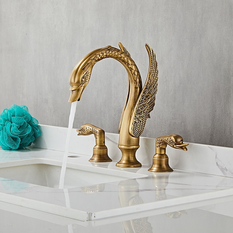 Widespread Bathroom Sink Mixer Faucet, 2 Handle 3 Holes Basin Taps Swan Noble Luxury Golden and Oil-rubbed Bronze Bath Taps2