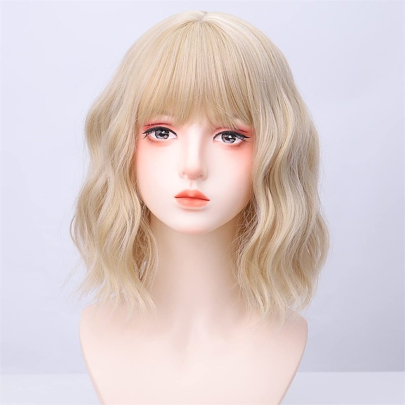 Blonde Bob Wig Short Blonde Bob Wigs for Women Curly Hair Wig with Bangs3