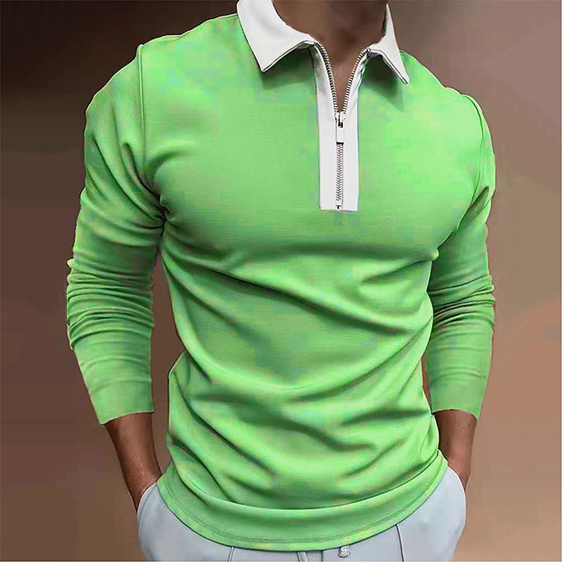 Men's Polo Shirt Quarter Zip Polo Work Casual Classic Collar Quarter Zip Long Sleeve Fashion Business Color Block Patchwork Zipper Winter Fall & Winter Regular Fit Wine Black Navy Blue Green Light2