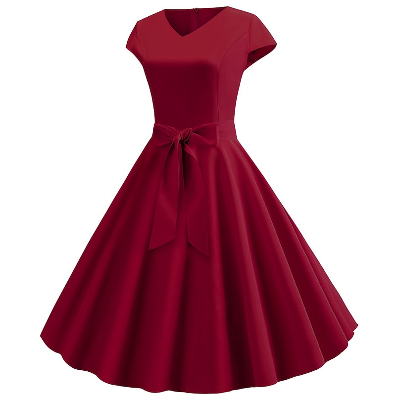 Retro Vintage 1950s A Line Dress Rockabilly Swing Dress Cap Sleeve Bow Plain V Neck Fancy Dress Women's Masquerade Cocktail Party Tea Party Casual Daily Adults' Dress Homecoming Dresses Spring2