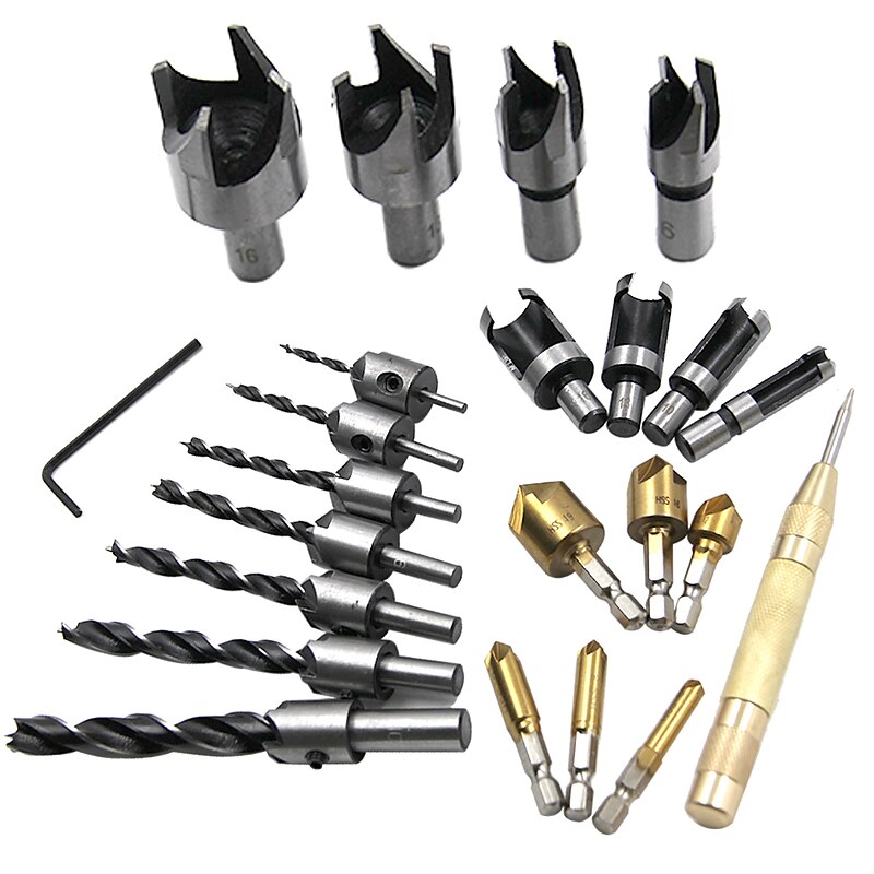 23pcs Woodworking Opening DIY Set Chamferer Three Point Countersunk Drill Cork Bit Positioning Center Punch2